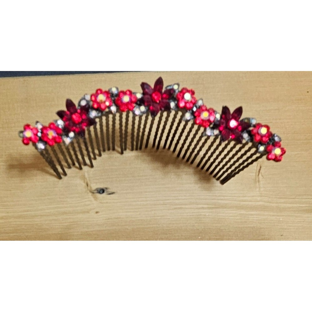 Rhinestone RED Flower Hair Comb Red Crystal Bridal Headpiece Prom Y2K